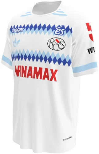 Camisa visitante do RC Strasbourg 2026 - 2027 branca com faixa de losangos azuis, frente e costas