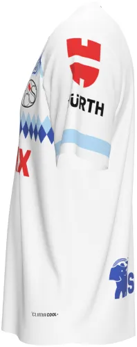 Camisa visitante do RC Strasbourg 2026 - 2027 branca com faixa de losangos azuis, frente e costas