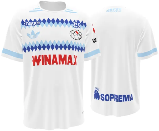 Camisa visitante do RC Strasbourg 2026 - 2027 branca com faixa de losangos azuis, frente e costas