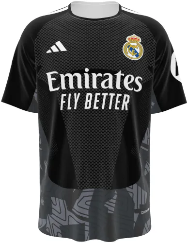 Camisa de goleiro do Real Madrid 2026 - 2027 preta com meio-tom e grafismo cinza, frente e costas