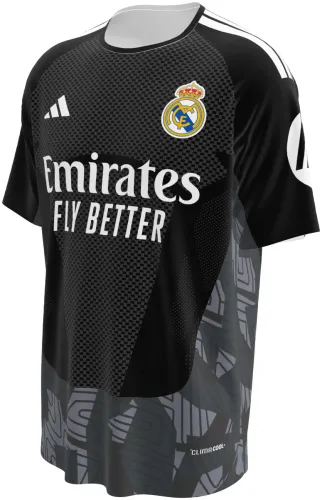 Camisa de goleiro do Real Madrid 2026 - 2027 preta com meio-tom e grafismo cinza, frente e costas