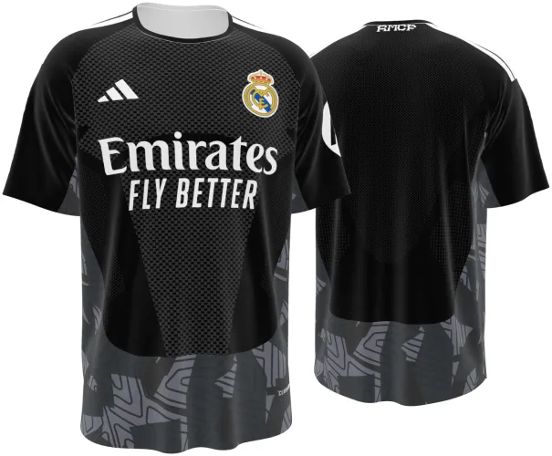Camisa de goleiro do Real Madrid 2026 - 2027 preta com meio-tom e grafismo cinza, frente e costas
