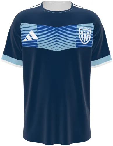 Camisa visitante de San Marino 2026 azul-marinho com faixa de chevrons, frente e costas