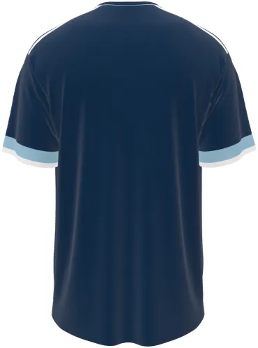 Camisa visitante de San Marino 2026 azul-marinho com faixa de chevrons, frente e costas