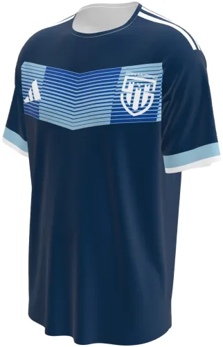 Camisa visitante de San Marino 2026 azul-marinho com faixa de chevrons, frente e costas