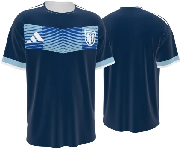 Camisa visitante de San Marino 2026 azul-marinho com faixa de chevrons, frente e costas
