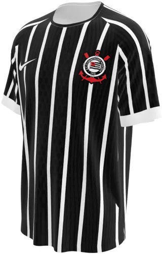 Camisa visitante do SC Corinthians 2026 listrada de preto e branco, frente e costas