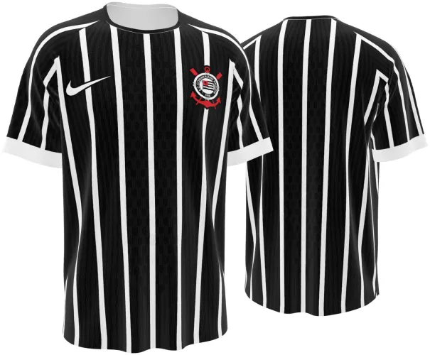 Camisa visitante do SC Corinthians 2026 listrada de preto e branco, frente e costas