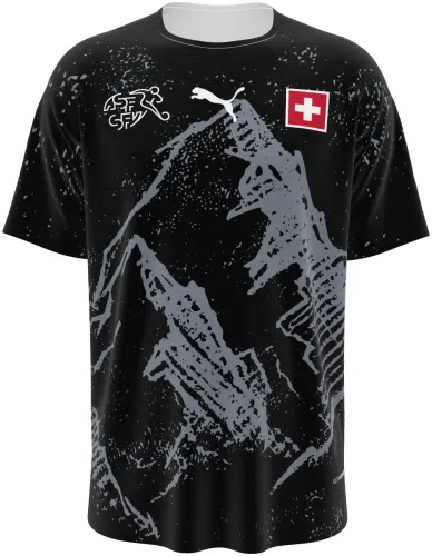 Camisa de goleiro da Suíça 2026 preta com os Alpes pintados em cinza, frente e costas