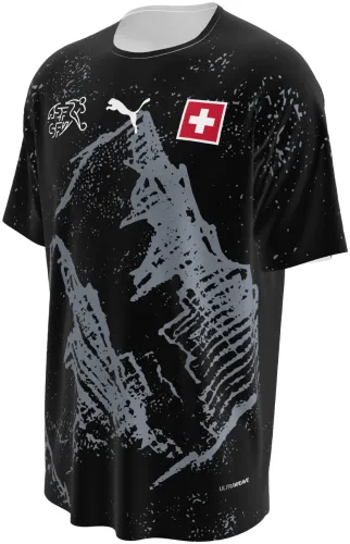 Camisa de goleiro da Suíça 2026 preta com os Alpes pintados em cinza, frente e costas