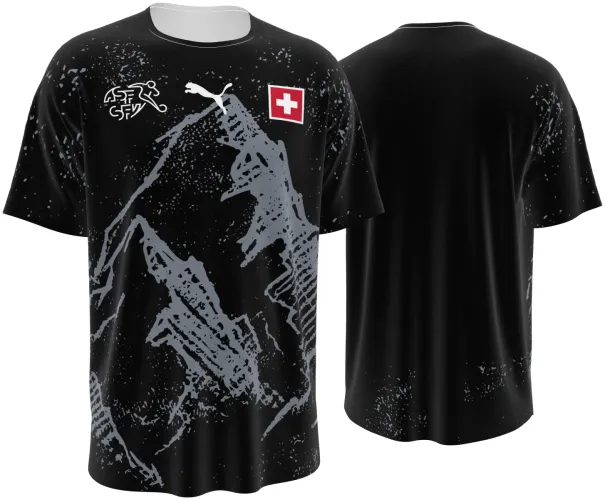Camisa de goleiro da Suíça 2026 preta com os Alpes pintados em cinza, frente e costas