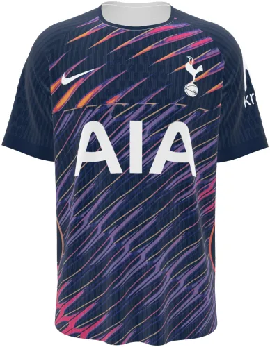 Camisa visitante do Tottenham Hotspur 2026 - 2027 azul-marinho com pinceladas roxas e laranjas, frente e costas