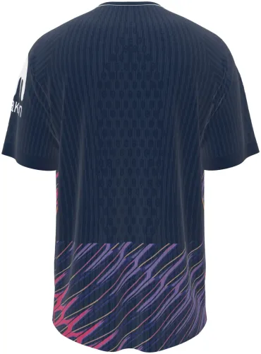 Camisa visitante do Tottenham Hotspur 2026 - 2027 azul-marinho com pinceladas roxas e laranjas, frente e costas