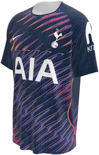 Camisa visitante do Tottenham Hotspur 2026 - 2027 azul-marinho com pinceladas roxas e laranjas, frente e costas