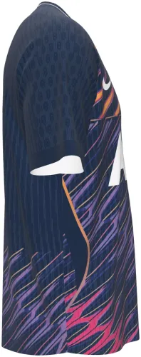 Camisa visitante do Tottenham Hotspur 2026 - 2027 azul-marinho com pinceladas roxas e laranjas, frente e costas