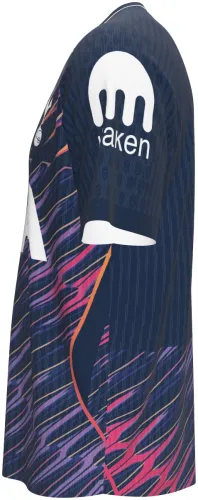 Camisa visitante do Tottenham Hotspur 2026 - 2027 azul-marinho com pinceladas roxas e laranjas, frente e costas