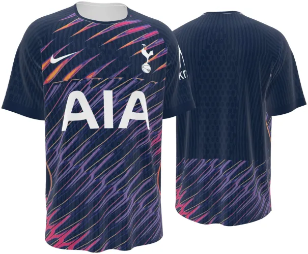 Camisa visitante do Tottenham Hotspur 2026 - 2027 azul-marinho com pinceladas roxas e laranjas, frente e costas