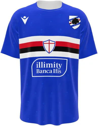 Camisa titular da UC Sampdoria 2026 - 2027 azul com a faixa clássica no peito, frente e costas