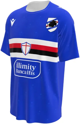 Camisa titular da UC Sampdoria 2026 - 2027 azul com a faixa clássica no peito, frente e costas