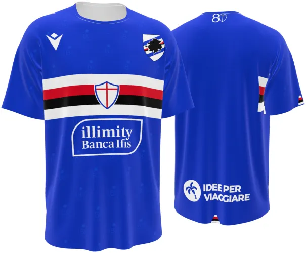 Camisa titular da UC Sampdoria 2026 - 2027 azul com a faixa clássica no peito, frente e costas