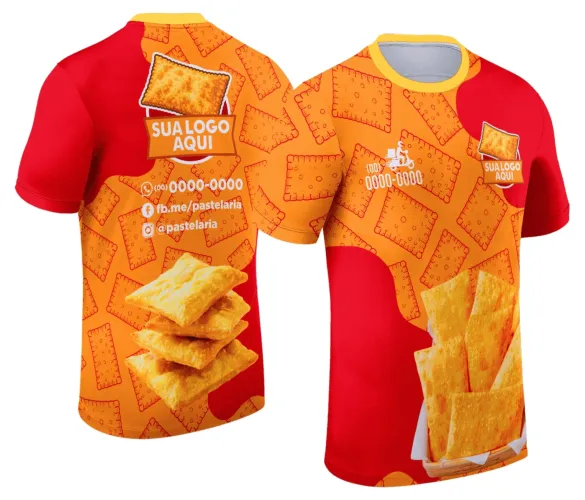 Camisa com logo no peito e estampa grande nas costas, ideal para pastelaria gourmet, combinando estilo profissional e atrativo visual.