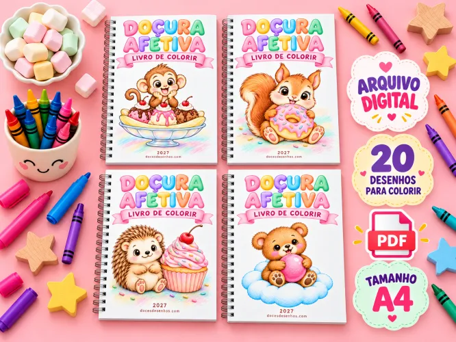 Livro de colorir Doçura Afetiva com 4 opções de capa e 20 desenhos