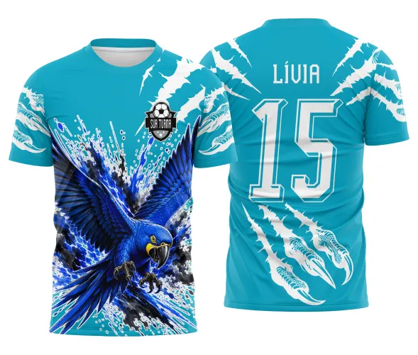 Mascote arara azul em movimento para camisa de interclasse e identidade visual de equipe escolar Arte Autoral Doces Desenhos