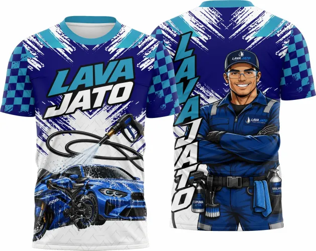 Camisa com logo no peito discreto e estampa grande nas costas mostrando design vibrante relacionado a lava car, ideal para quem busca um visual moderno e cheio de personalidade.