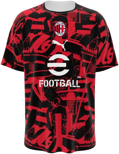 Camisa de pré-jogo do AC Milan 2026 - 2027 preta e vermelha com colagem gráfica, frente e costas