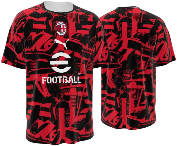 Camisa de pré-jogo do AC Milan 2026 - 2027 preta e vermelha com colagem gráfica, frente e costas