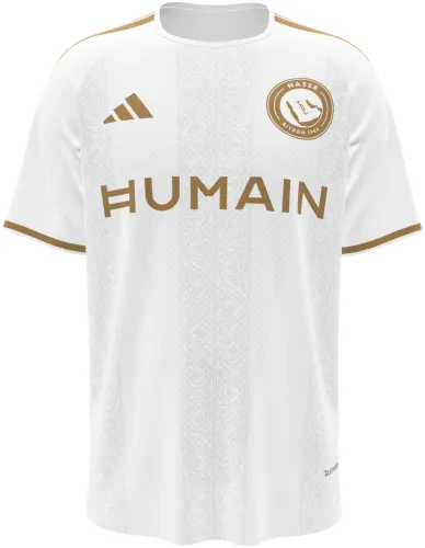 Camisa terceiro uniforme do Al Nassr 2026 - 2027 branca com arabesco dourado, frente e costas