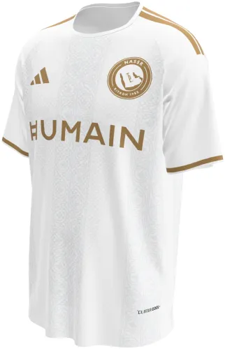 Camisa terceiro uniforme do Al Nassr 2026 - 2027 branca com arabesco dourado, frente e costas