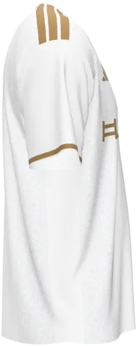 Camisa terceiro uniforme do Al Nassr 2026 - 2027 branca com arabesco dourado, frente e costas