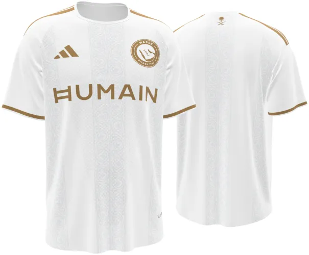 Camisa terceiro uniforme do Al Nassr 2026 - 2027 branca com arabesco dourado, frente e costas
