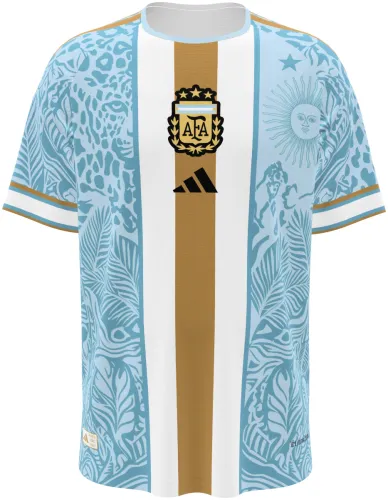 Camisa conceito da Argentina 2026 azul-celeste com onça-pintada e faixa dourada, frente e costas