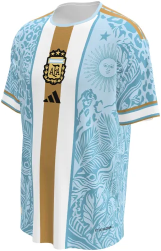 Camisa conceito da Argentina 2026 azul-celeste com onça-pintada e faixa dourada, frente e costas