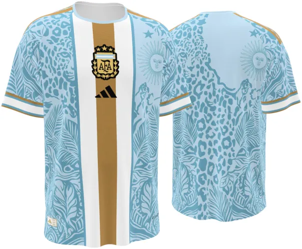 Camisa conceito da Argentina 2026 azul-celeste com onça-pintada e faixa dourada, frente e costas