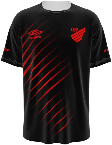 Camisa terceiro uniforme do Athletico Paranaense 2026 preta com riscos vermelhos, frente e costas