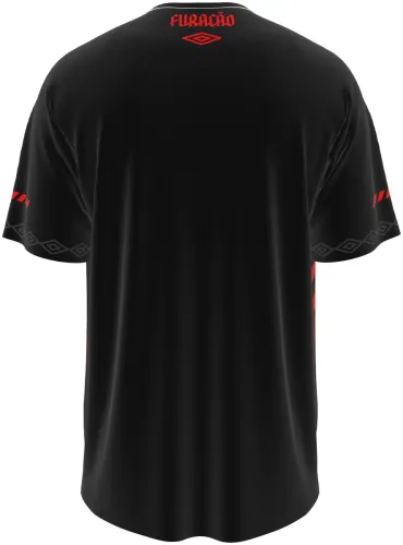 Camisa terceiro uniforme do Athletico Paranaense 2026 preta com riscos vermelhos, frente e costas