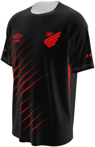 Camisa terceiro uniforme do Athletico Paranaense 2026 preta com riscos vermelhos, frente e costas