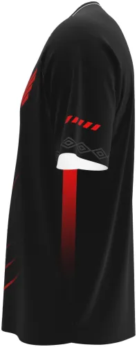 Camisa terceiro uniforme do Athletico Paranaense 2026 preta com riscos vermelhos, frente e costas