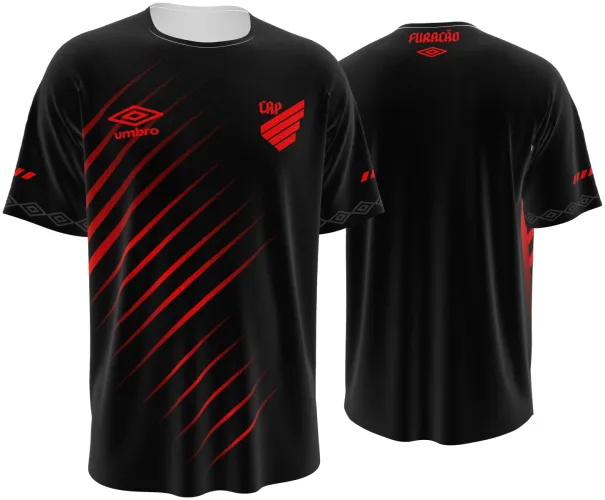Camisa terceiro uniforme do Athletico Paranaense 2026 preta com riscos vermelhos, frente e costas