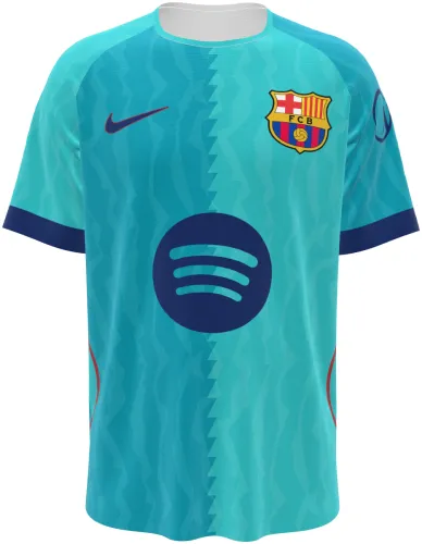Camisa terceiro uniforme do Barcelona 2026 - 2027 turquesa com divisão serrilhada, frente e costas
