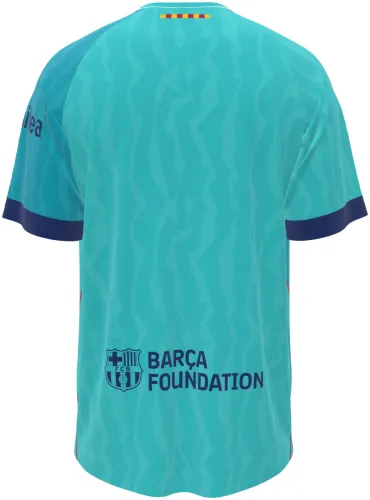 Camisa terceiro uniforme do Barcelona 2026 - 2027 turquesa com divisão serrilhada, frente e costas