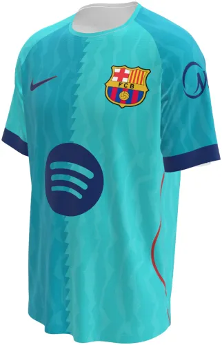Camisa terceiro uniforme do Barcelona 2026 - 2027 turquesa com divisão serrilhada, frente e costas