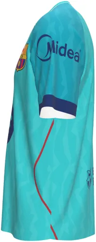 Camisa terceiro uniforme do Barcelona 2026 - 2027 turquesa com divisão serrilhada, frente e costas