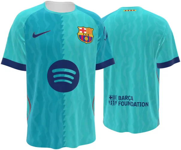 Camisa terceiro uniforme do Barcelona 2026 - 2027 turquesa com divisão serrilhada, frente e costas