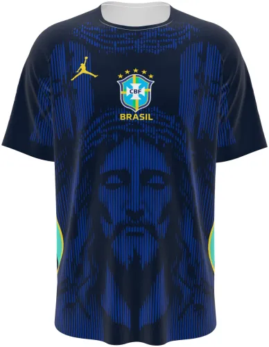 Camisa conceito do Brasil 2026 azul-marinho com o rosto do Cristo Redentor, frente e costas