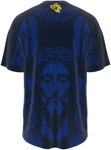 Camisa conceito do Brasil 2026 azul-marinho com o rosto do Cristo Redentor, frente e costas