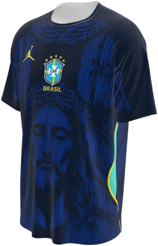 Camisa conceito do Brasil 2026 azul-marinho com o rosto do Cristo Redentor, frente e costas